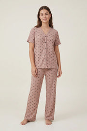 EW - Bow Print Ribbed Pajama Set - Coffee