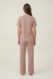 EW - Bow Print Ribbed Pajama Set - Coffee
