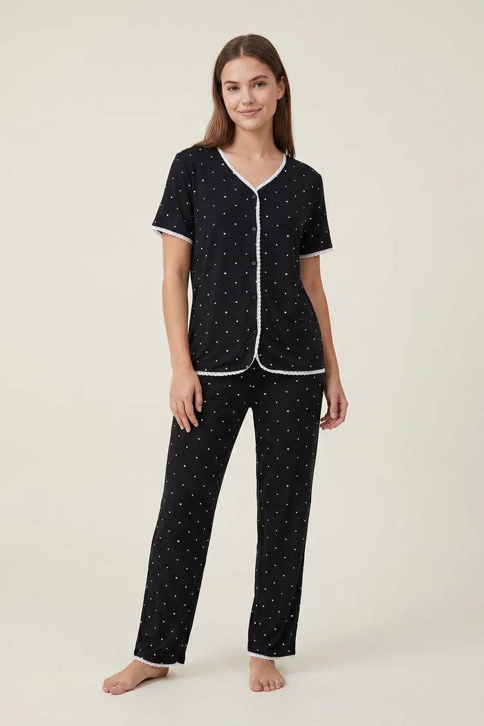 EW - Heart Print Pajama Set - Black