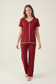 EW - Heart Print Pajama Set - Jujube Red