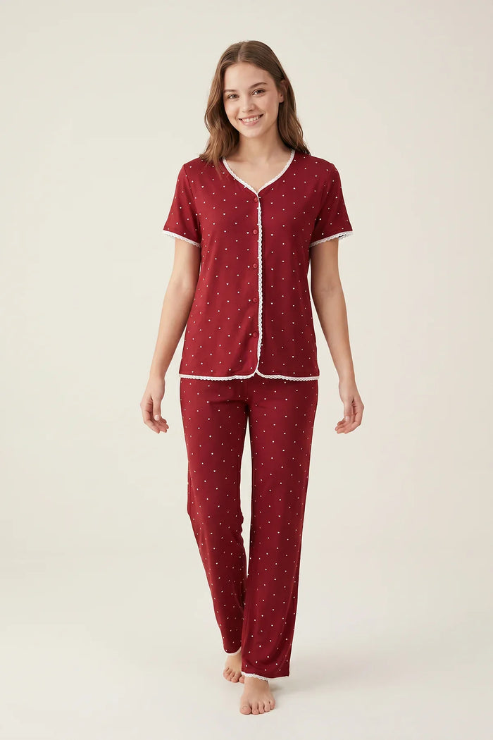 EW - Heart Print Pajama Set - Jujube Red